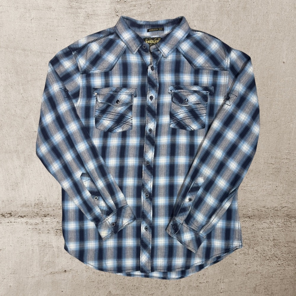 Helix Shirt Men's Large Blue Plaid Long Sleeve Athletic Fit Western Cowboy Rodeo